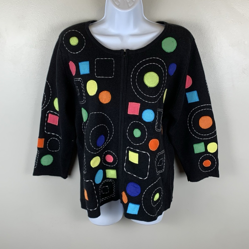 Design Options Philip Jane Gordon Geometric Zip Front Cardigan Sweater Black L